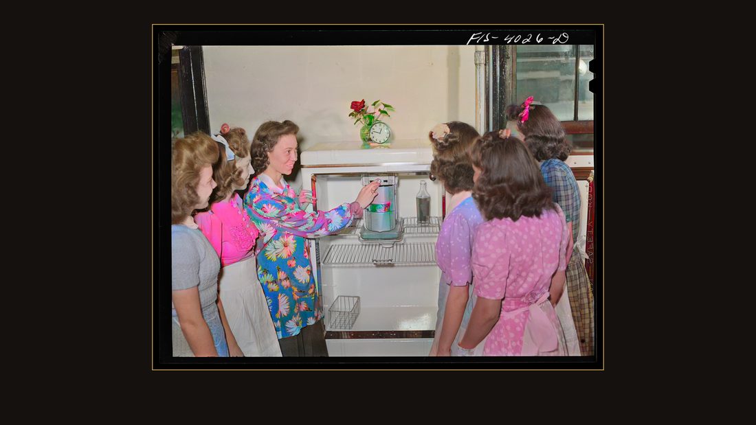 Knox County, Tennessee (Tennessee Valley Authority (TVA)). Girls are shown how to operate an electric refrigerator at the Farragut Agricultural School