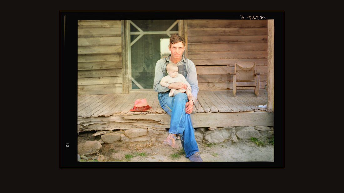 Mr. Whitfield, tobacco sharecropper, with baby on front porch. North Carolina, Person County