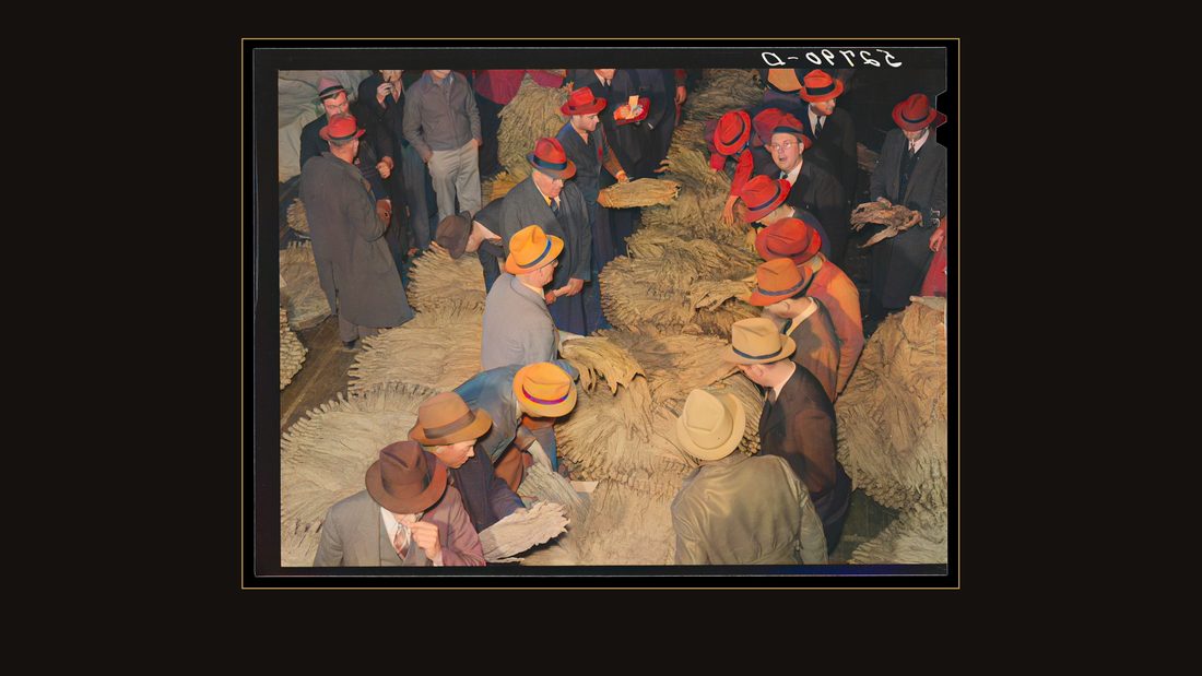 Auctioneer, buyers, and farmers during tobacco auction sale. Warehouse, Durham, North Carolina