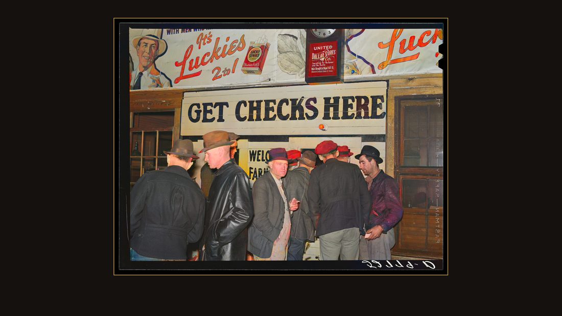 Farmers in warehouse getting their checks after tobacco auction sale. Durham, North Carolina