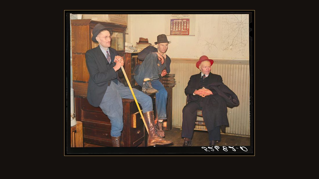 Group of men killing time during dinner hour in sheriff's office. Granville County Courthouse on court day in county seat. Oxford, North Carolina