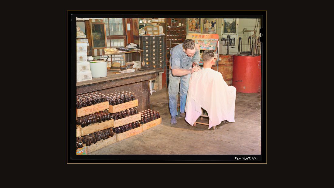 Free haircut on Saturday morning in W.M. Scott's general store. Farrington. Chatham County, North Carolina