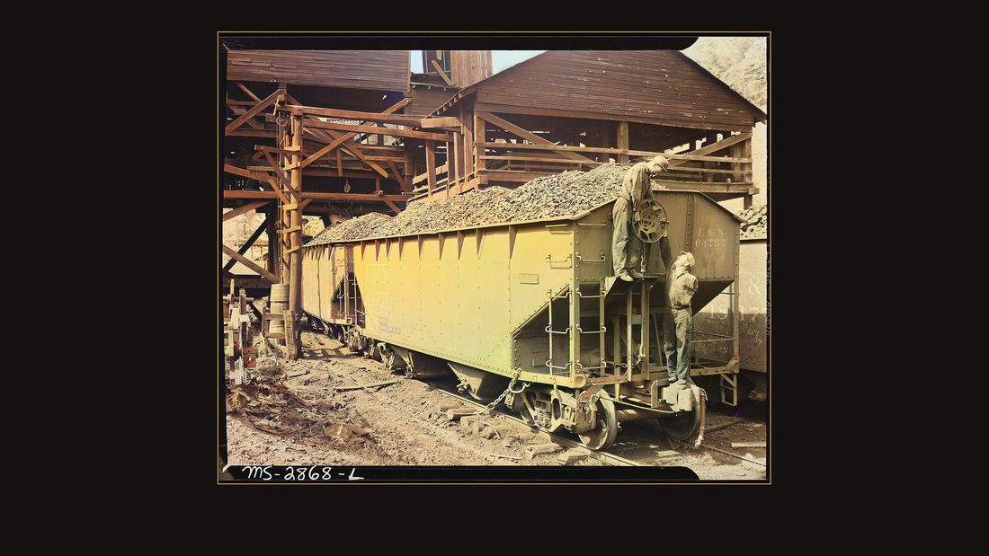Carload of coal at the tipple. P V & K Coal Company, Clover Gap Mine, Lejunior, Harlan County, Kentucky.