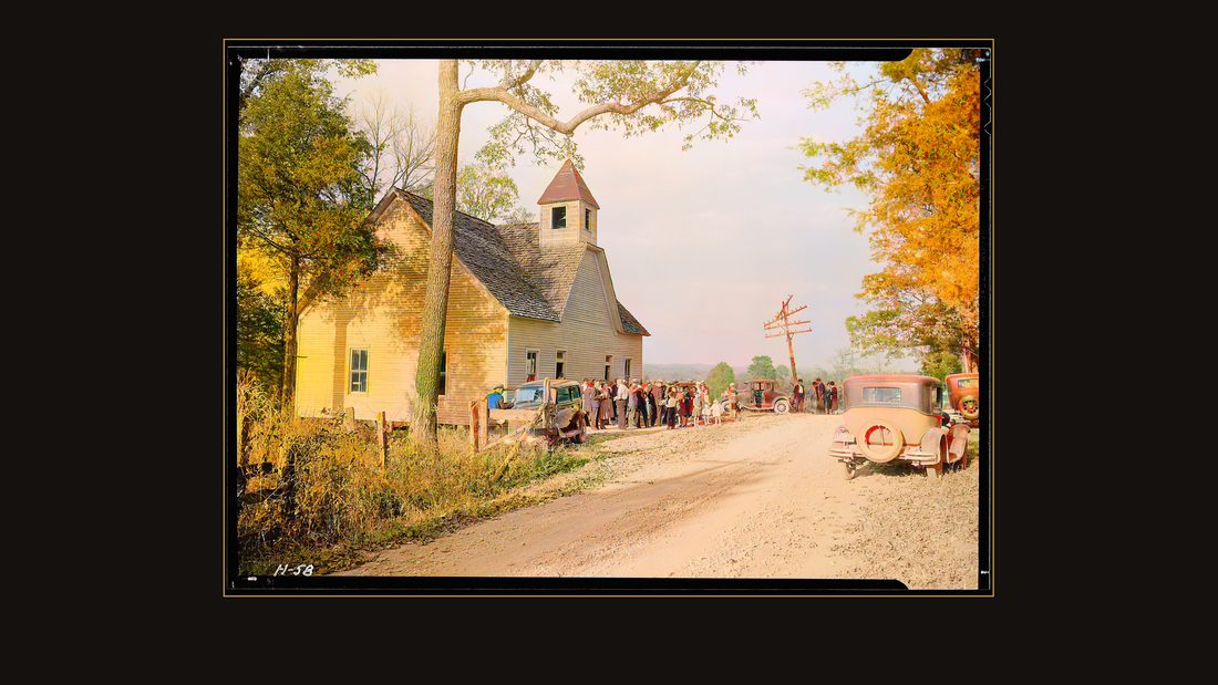 "A little country church, Sharps Station M.E. Church, near Loyston, Tennessee. Congregation leaving at close of the service. This church will be submerged by the waters of the