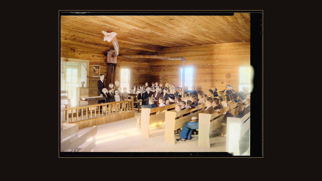 "Interior view of Sharps Station M.E. Church near Loyston, Tennessee. Reverend Lovelace and some children from an orphanage conduct the Sunday afternoon service."