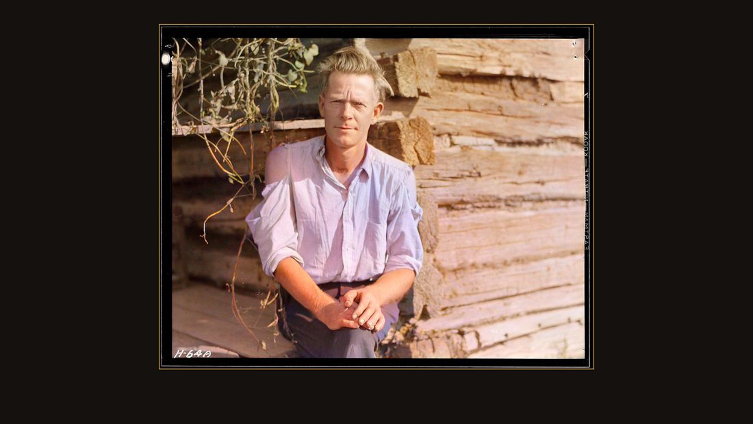 "Esco Glandon, a renter at Bridges Chapel near Loyston, Tennessee. He rebuilt the cabin in which his family lives. Glandon has lived all his life in this region except for 3 y