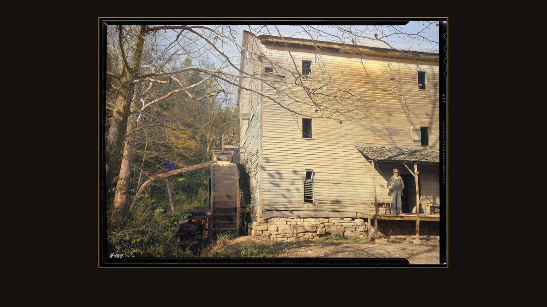 "Watermill grinding meal, run by H. L. Nicely, son of J. C. Nicely, at Goin, Tennessee. This old mill was built 100 years ago. All of this region will be deep under water when
