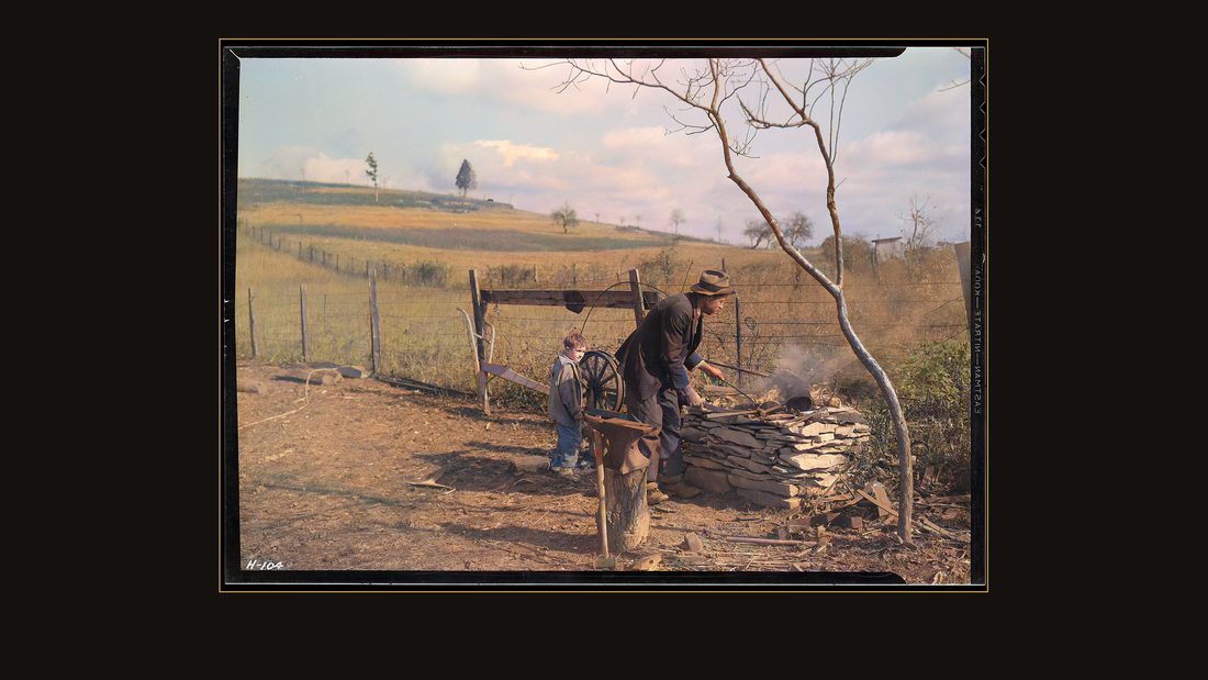 "Another view of S. J. Barley, Rural Route #2, LaFollette, Tennessee, at his outdoor forge. Barley says: `I've just got to have a job. First I'm a blacksmith, next I