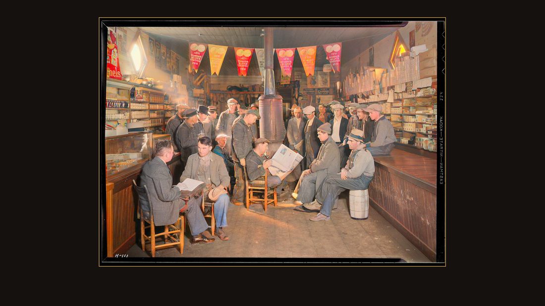 "E. H. Elam, interviewer, making personal interviews at Stiner's Store, Lead Mine Bend, Tennessee. This shows how selections for employment with the TVA are made on the b