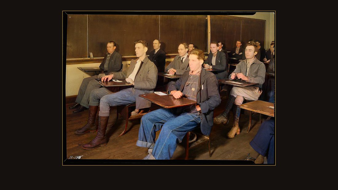 "A view of a group of applicants at the High School building, Clinton, Tennessee, ready to take the examination for skilled and unskilled laborers on TVA projects."