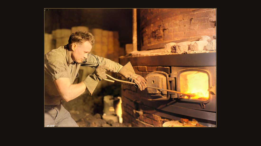 "Walter Hensley, head kiln fireman at Southern Potteries, Elroy, Tennessee. Hensley came to the Potteries from a mountain farm."