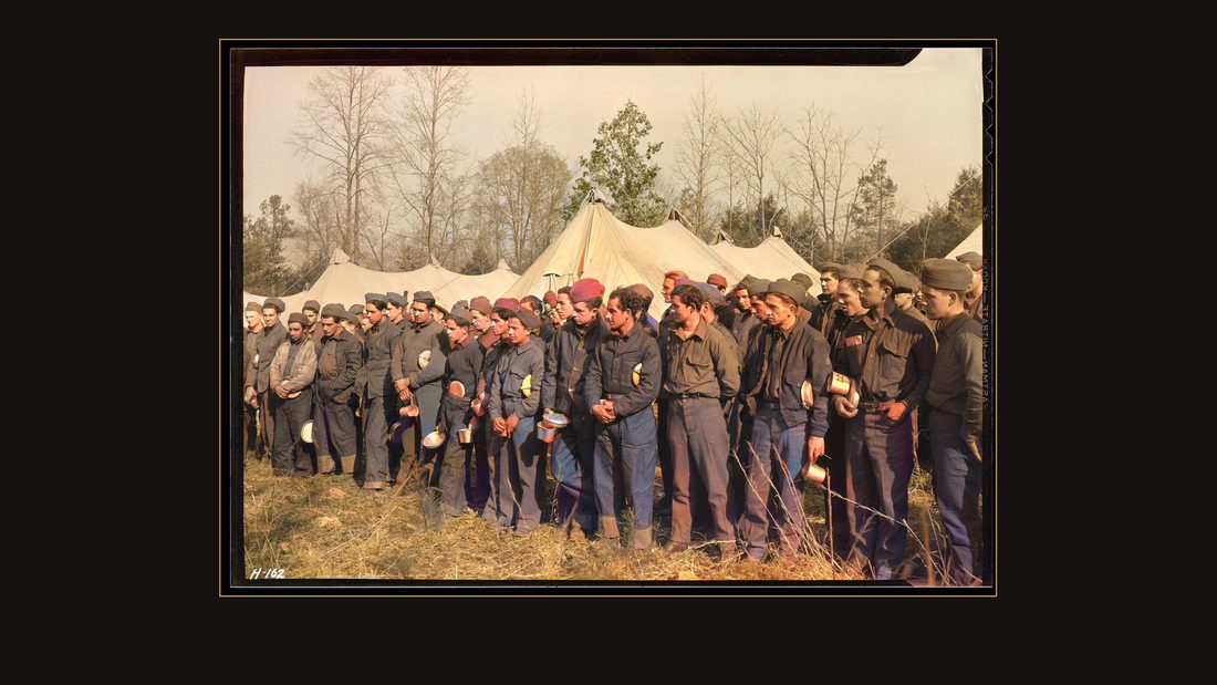 "Newly-arrived replacements at CCC Camp, TVA #22, near Esco, Tennessee, lined up before their first meal in camp. The boys arrived at New Tazewell on November 17, 1933, in day