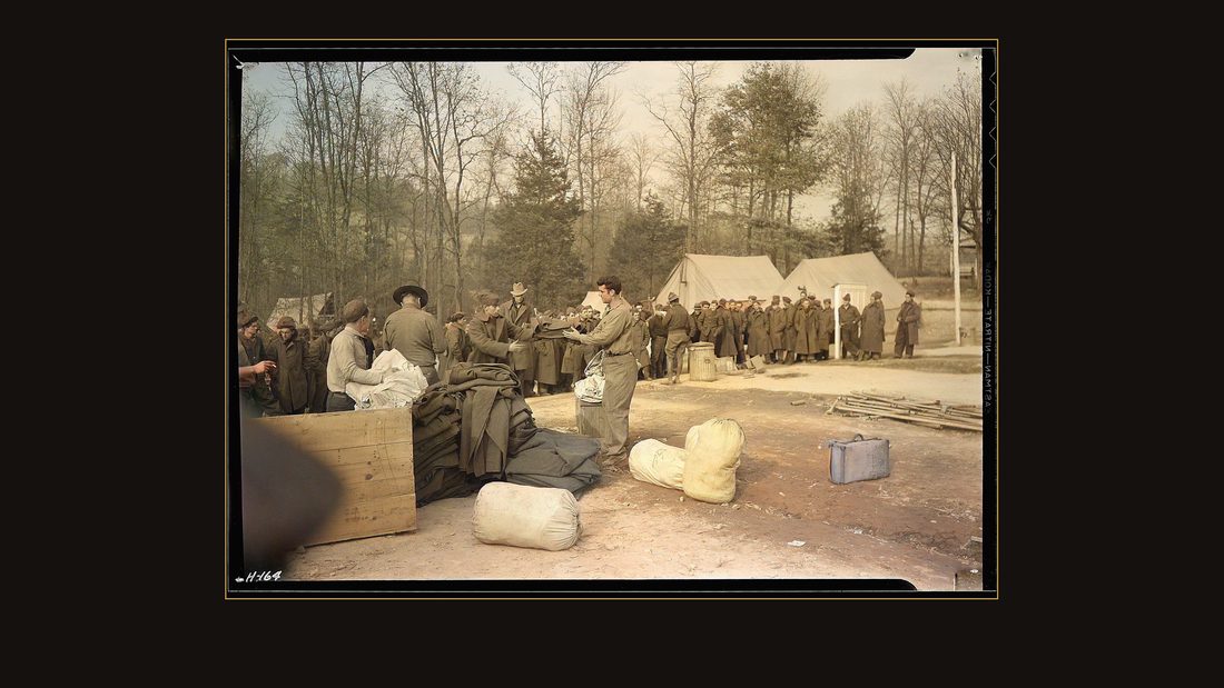 "Issuing cots and blankets to new replacements just arrived from New York at CCC Camp, TVA #23, located just north of the Clinch River between Walker's Ford and Lone Moun