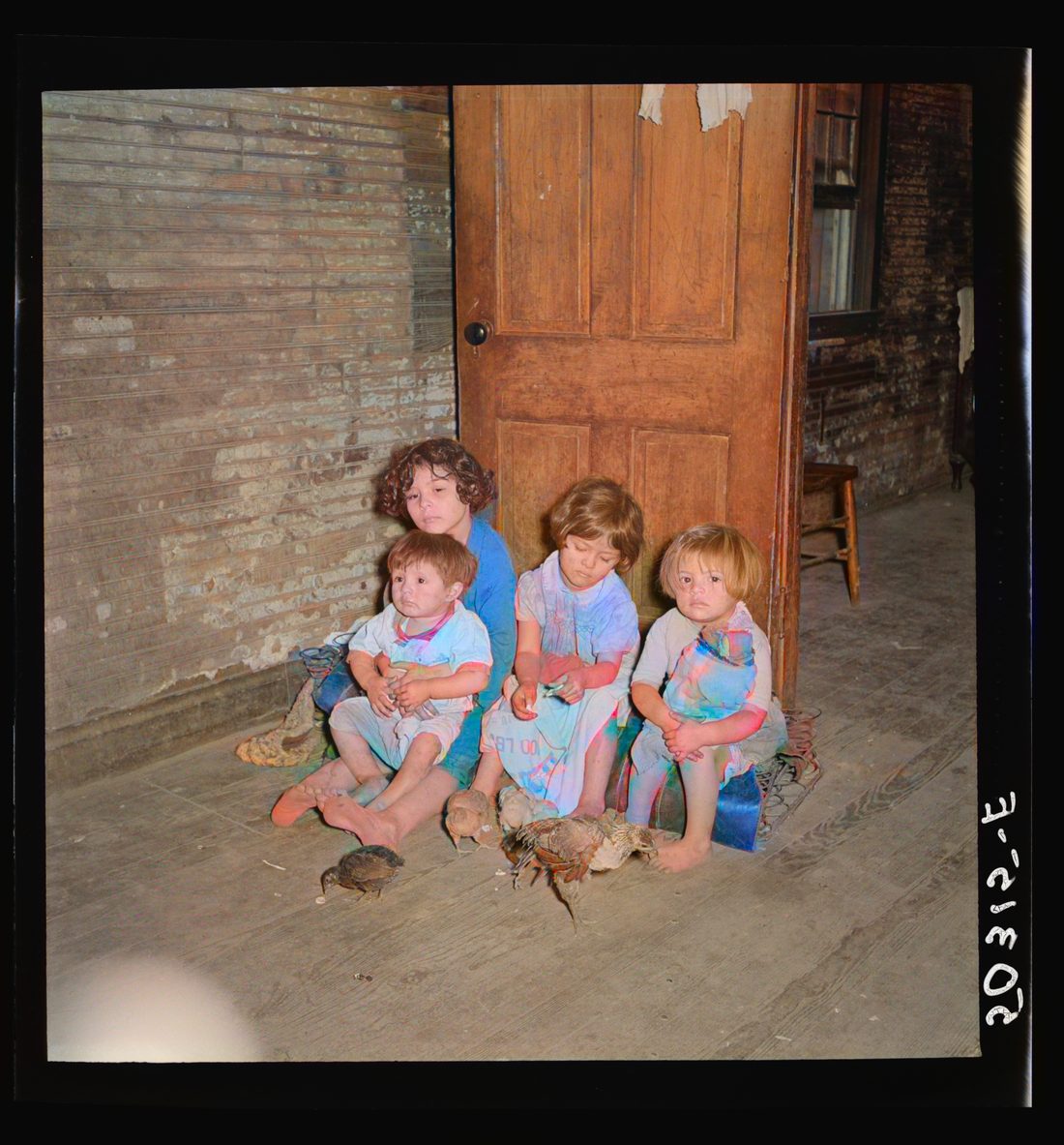 Mexican miner's children feeding chickens in the kitchen. Their mother is thirty years old and has had ten children. Scotts Run, Bertha Hill, West Virginia