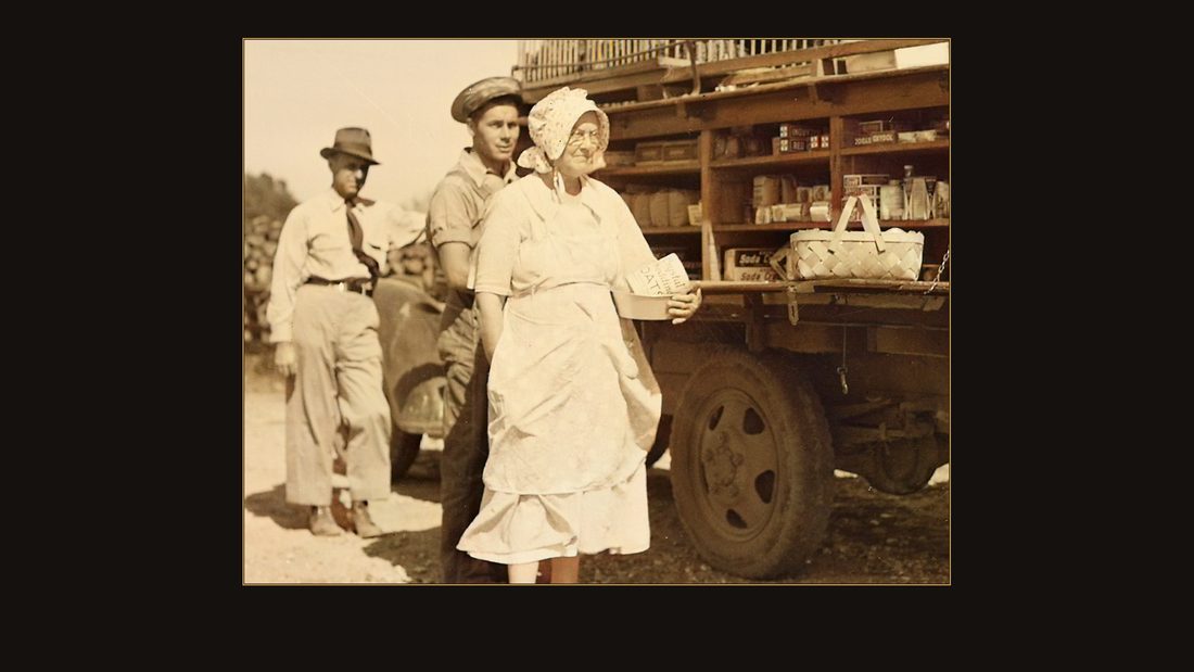 Farm family making a purchase from a rollng store