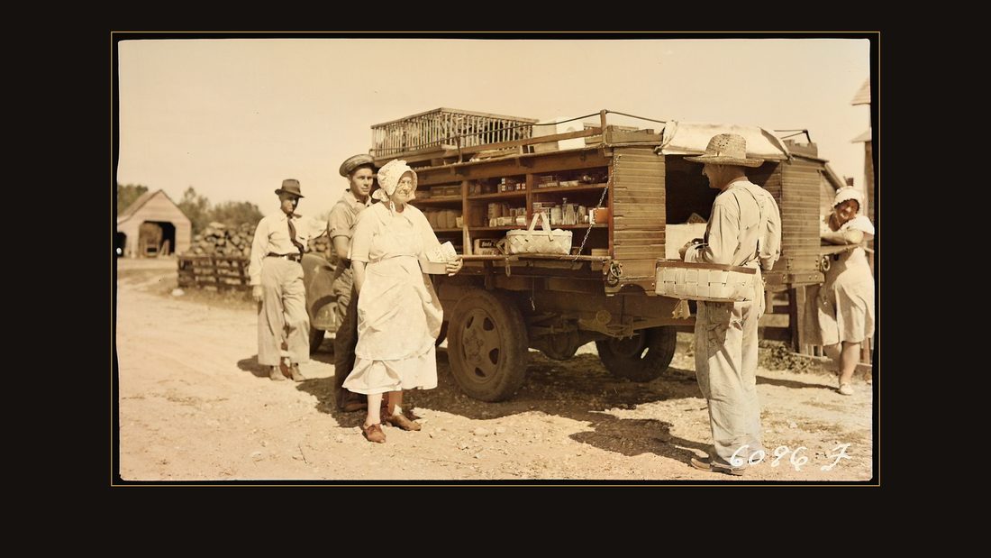 Farm family making a purchase from a rollng store