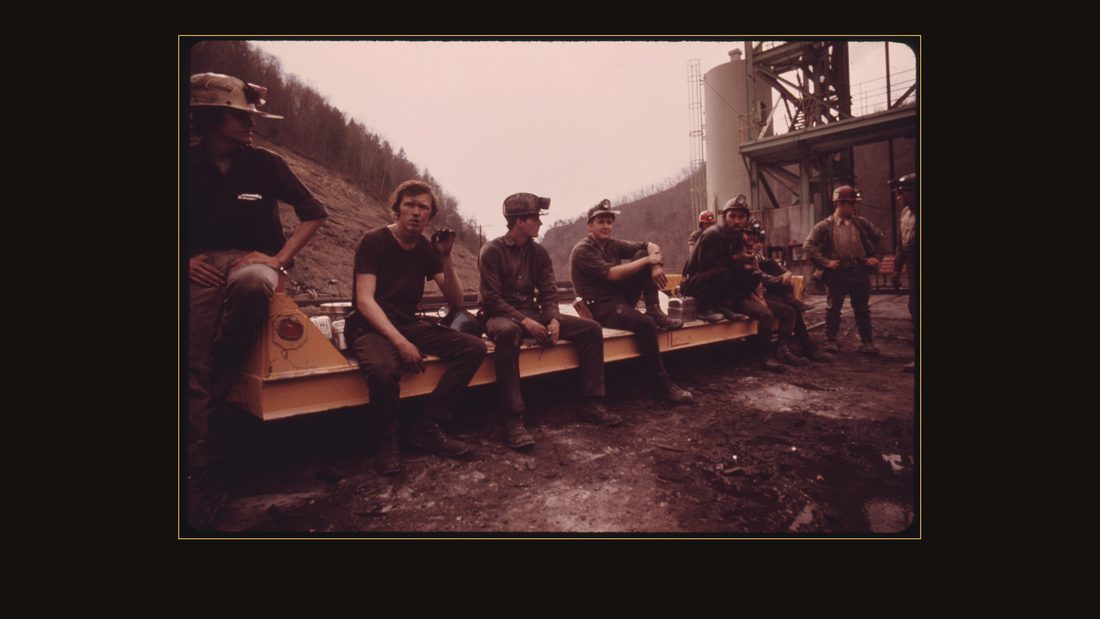 MINERS WAITING TO START THEIR 4 P.M. TO MIDNIGHT SHIFT AT VIRGINIA-POCAHONTAS COAL COMPANY MINE #4 NEAR RICHLANDS, VIRGINIA THERE ARE TWO WORKING SHIFTS WITH MINERS DIGGING AND TAK