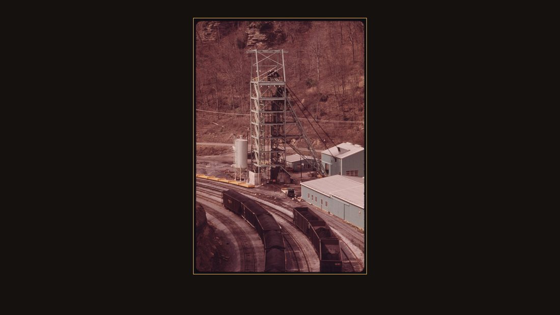 THE ELEVATOR TO THE MAIN SHAFT FOR MEN AND EQUIPMENT AT THE VIRGINIA-POCAHONTAS COAL COMPANY MINE #4 NEAR RICHLANDS, VIRGINIA THE GREEN BUILDING ON THE RIGHT CONTAINS AN OFFICE, SH