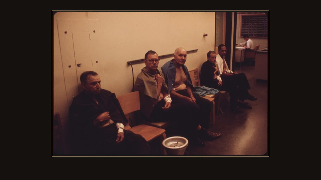 MINERS WAITING FOR THEIR EXAMINATION AT THE APPALACHIAN REGIONAL HOSPITAL IN BECKLEY, WEST VIRGINIA. DR. DONALD RASMUSSEN'S BLACK LUNG LABORATORY USES KNOWN TESTING METHODS TO